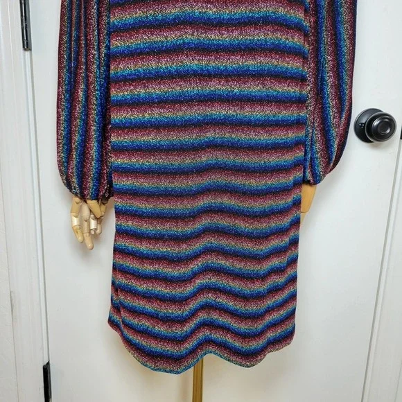 Anthropologie Eri + Ali Shimmer Stripe Long Sleeve Dress M Metallic Holiday - Picture 2 of 10